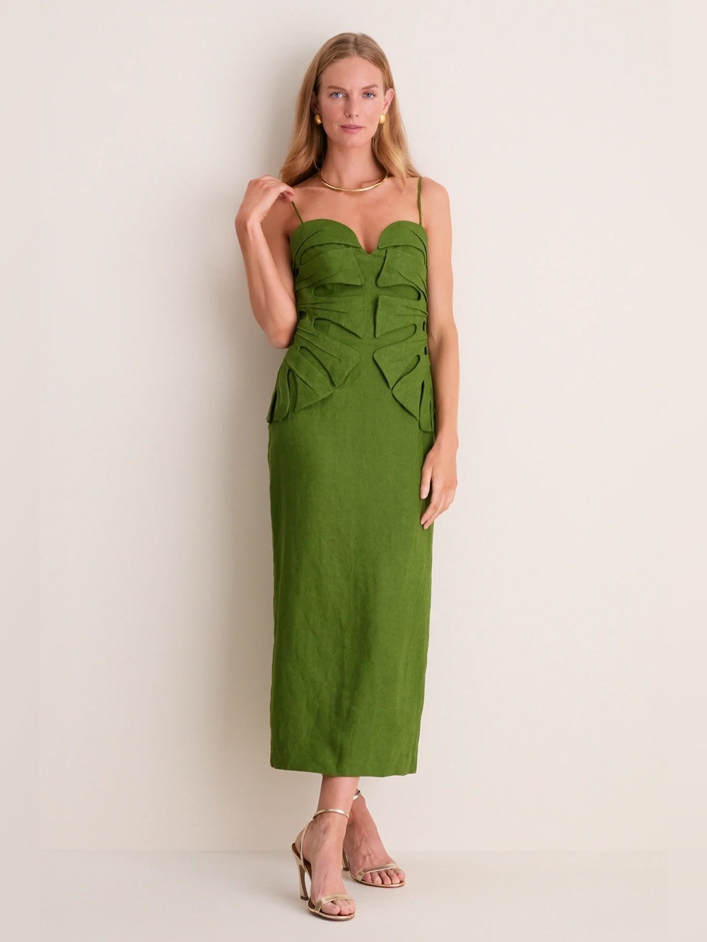 Farm Rio Green Mostera Leaf Sleeveless Maxi Dress Small Linen